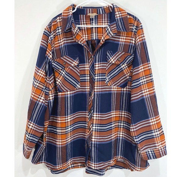 Duluth Trading Co. 4X Flannel Shirt Plaid Long Sleeve Orange Blue Cotton Blend - Picture 1 of 4